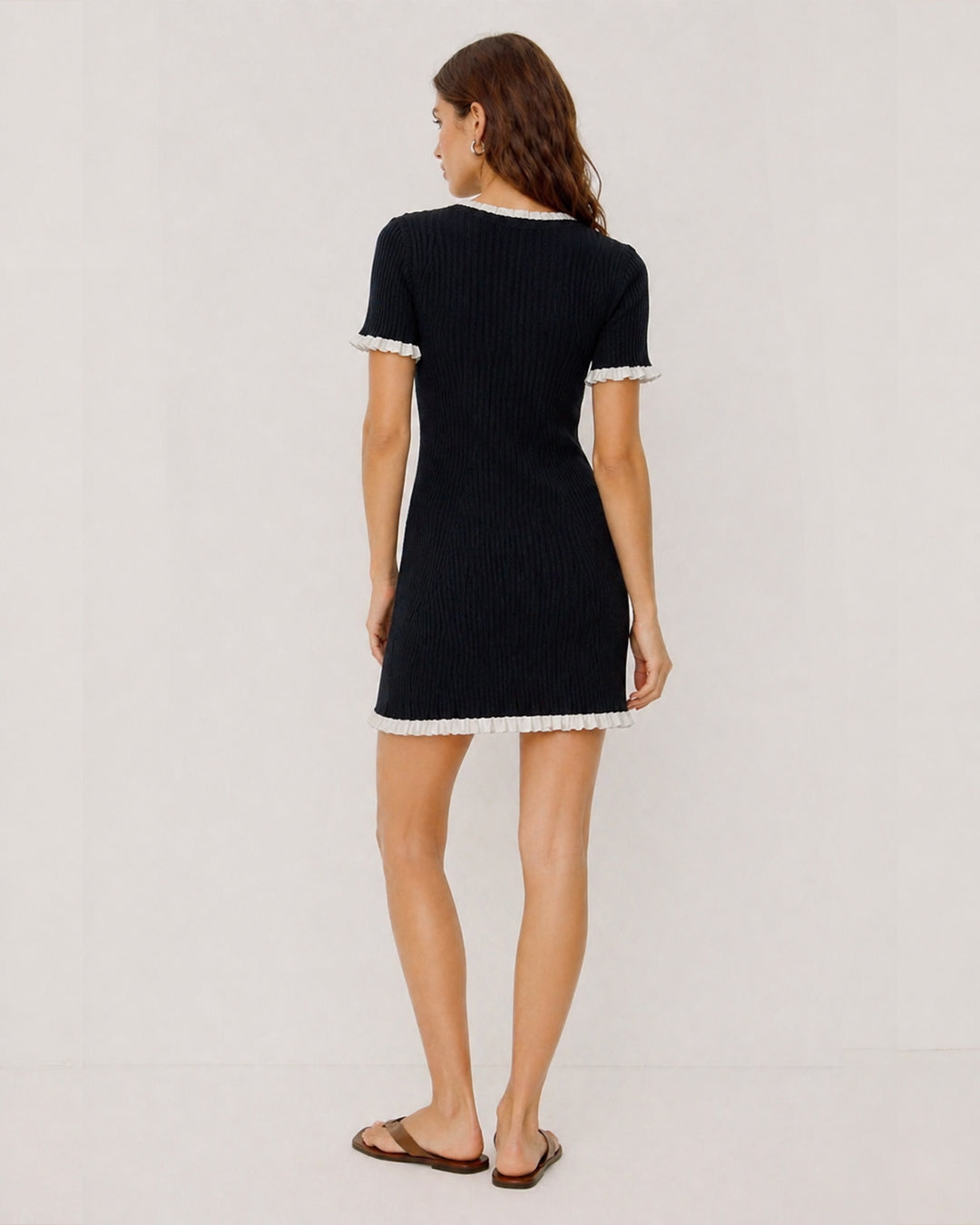 Ruffled Sweater Knit Mini Dress Black White