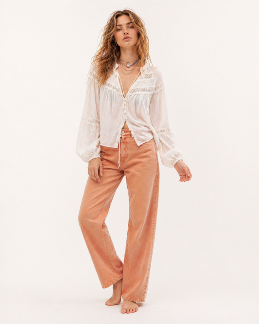 Lace Trim Balloon Sleeve Blouse
