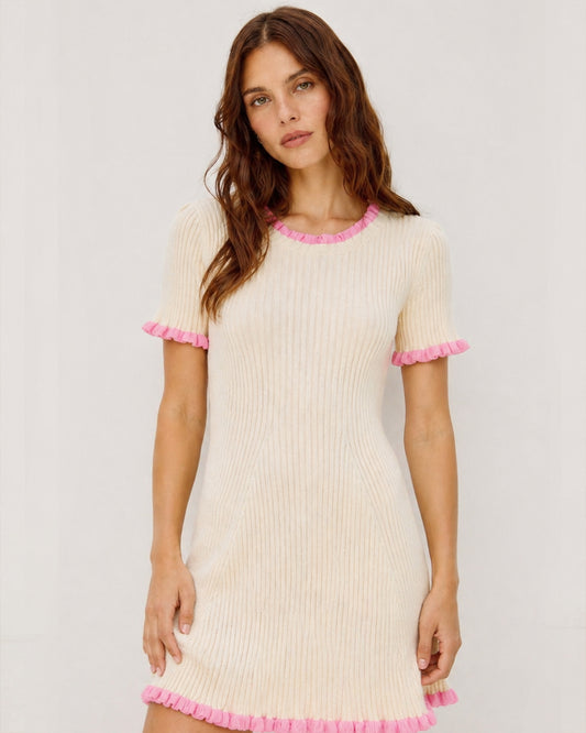 Ruffled Sweater Knit Mini Dress IVORY PINK