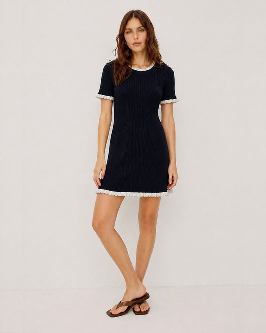 Ruffled Sweater Knit Mini Dress Black White