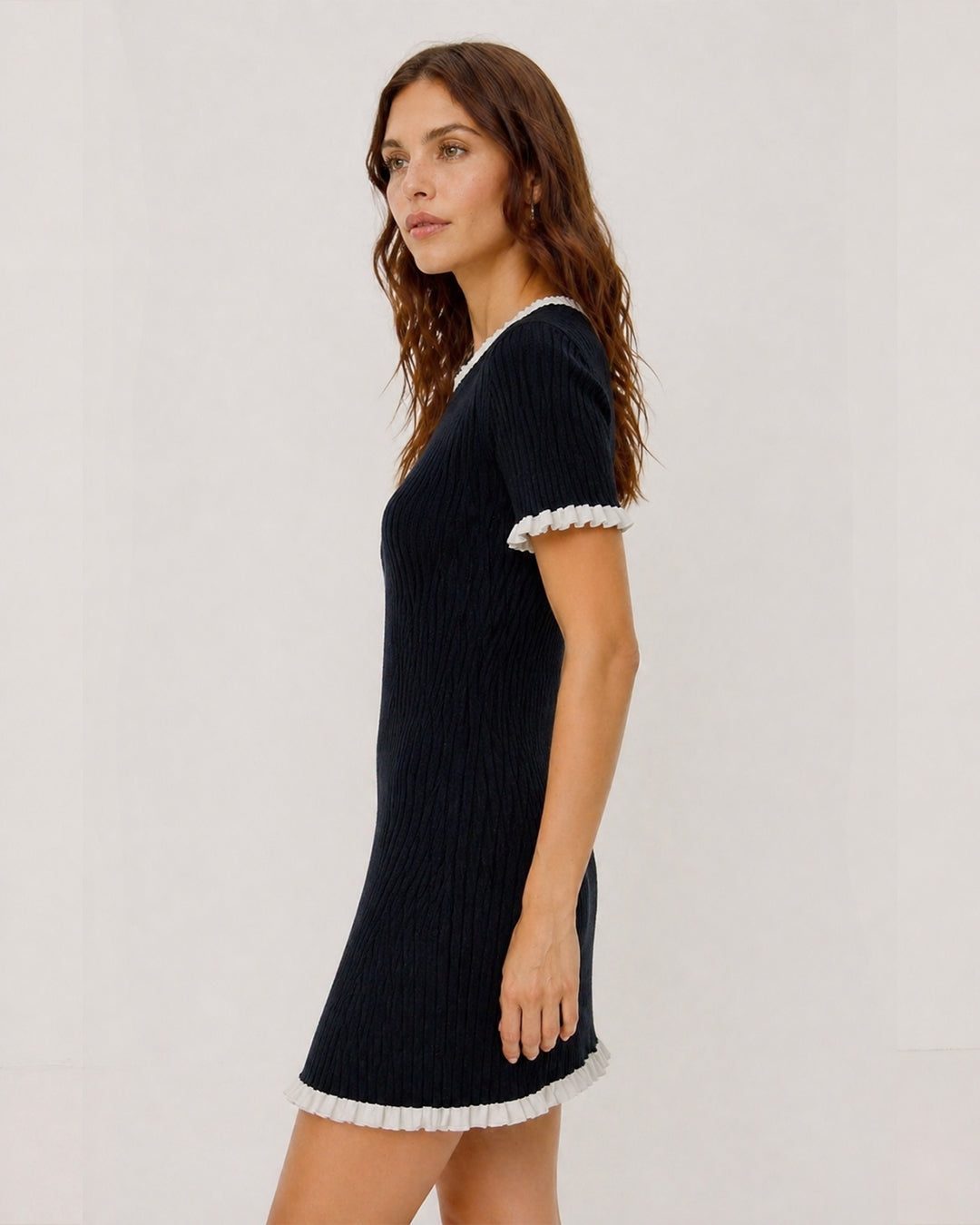Ruffled Sweater Knit Mini Dress Black White
