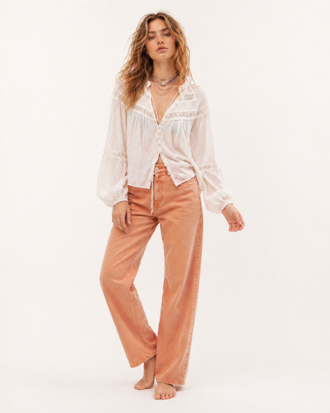 Lace Trim Balloon Sleeve Blouse